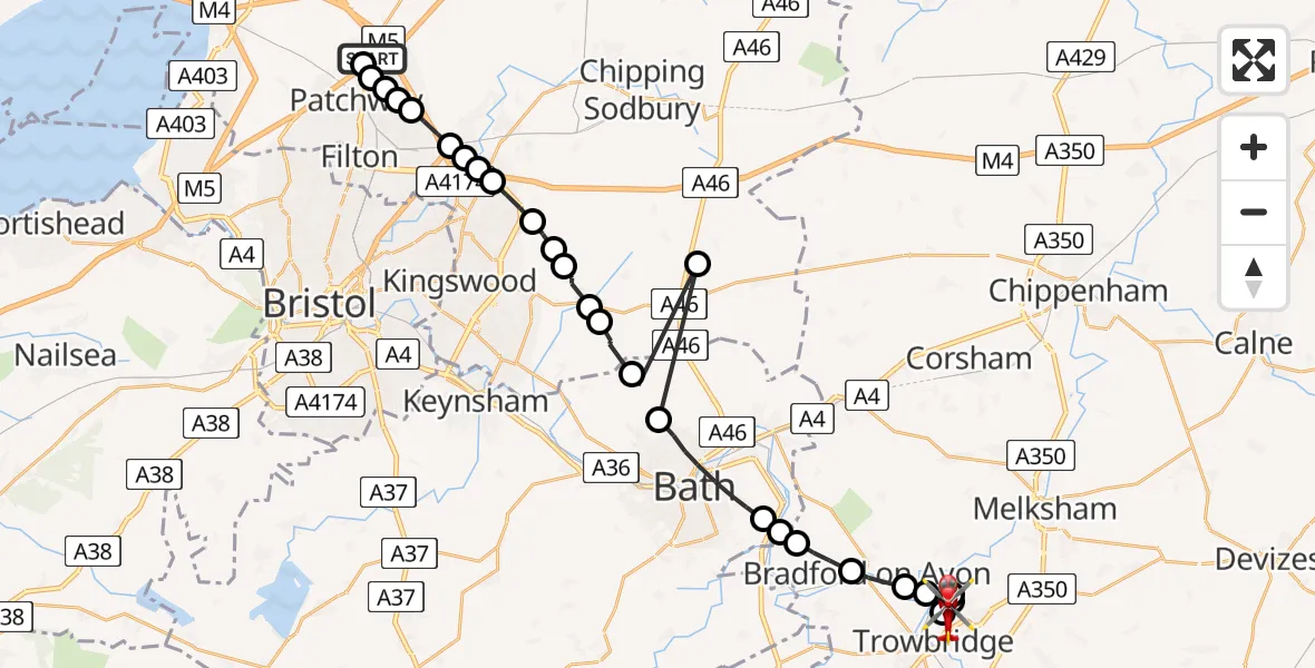 Flight path map showing Air Ambulance Helicopter route from Almondsbury Helicopter Base to Hilperton