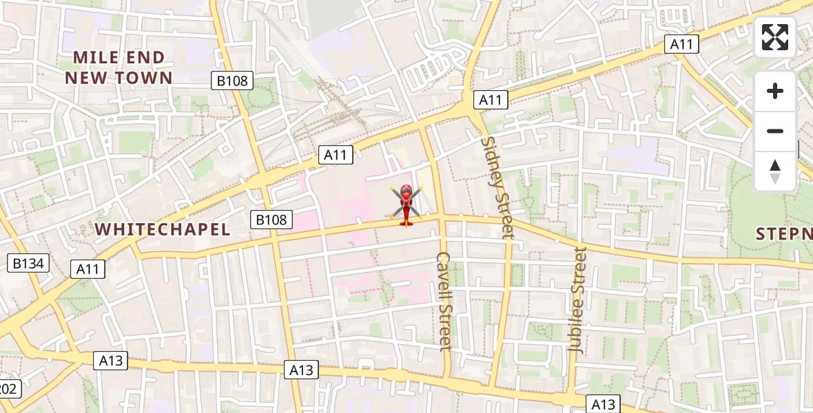 Flight path map showing Air Ambulance Helicopter route from Royal London Hospital to Royal London Hospital