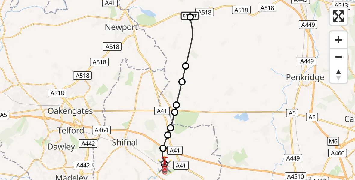 Flight path map showing Air Ambulance Helicopter route from Stafford to Cosford