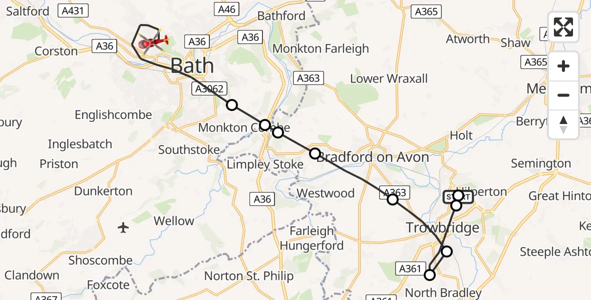 Flight path map showing Air Ambulance Helicopter route from Trowbridge to Bath