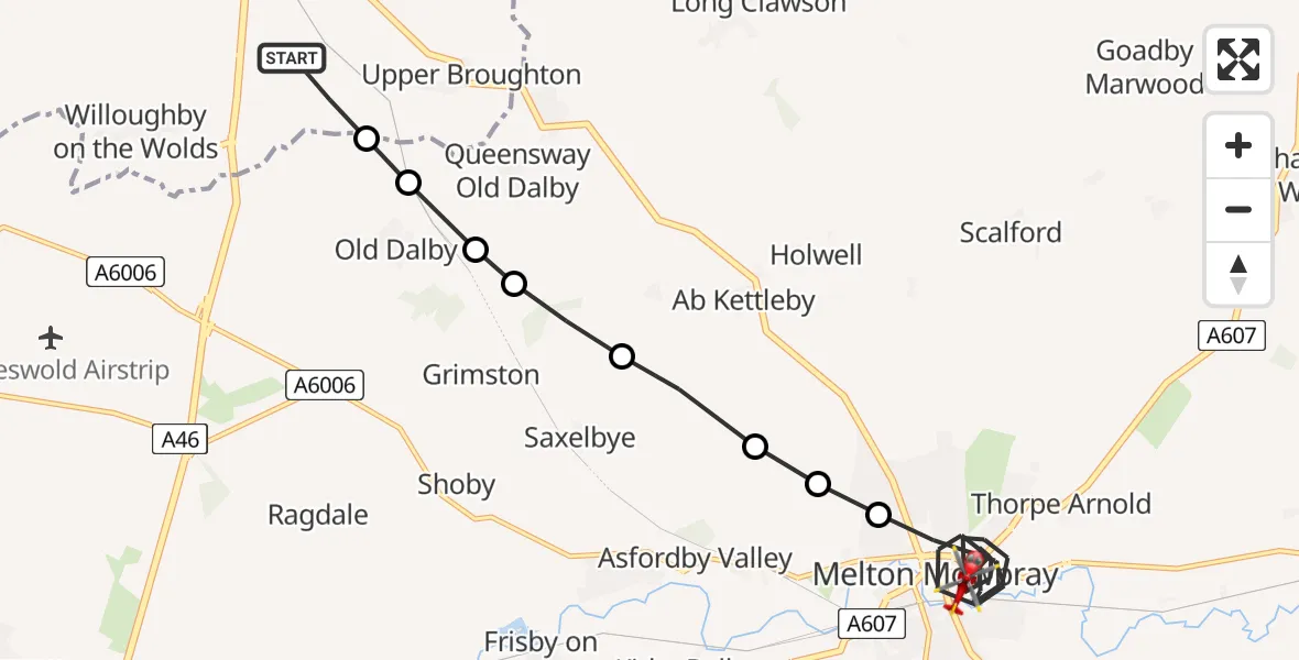 Flight path map showing Air Ambulance Helicopter route from Rushcliffe to Melton Mowbray