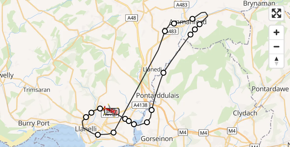 Flight path map showing Air Ambulance Helicopter route from Dafen to Dafen