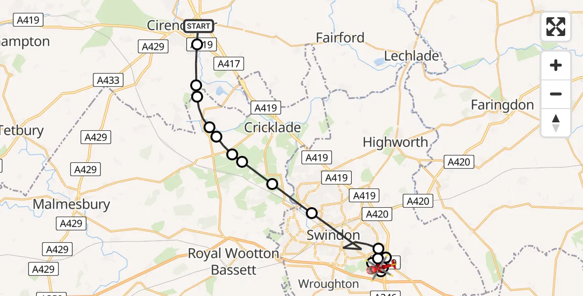 Flight path map showing Air Ambulance Helicopter route from Cirencester to Great Western Hospital