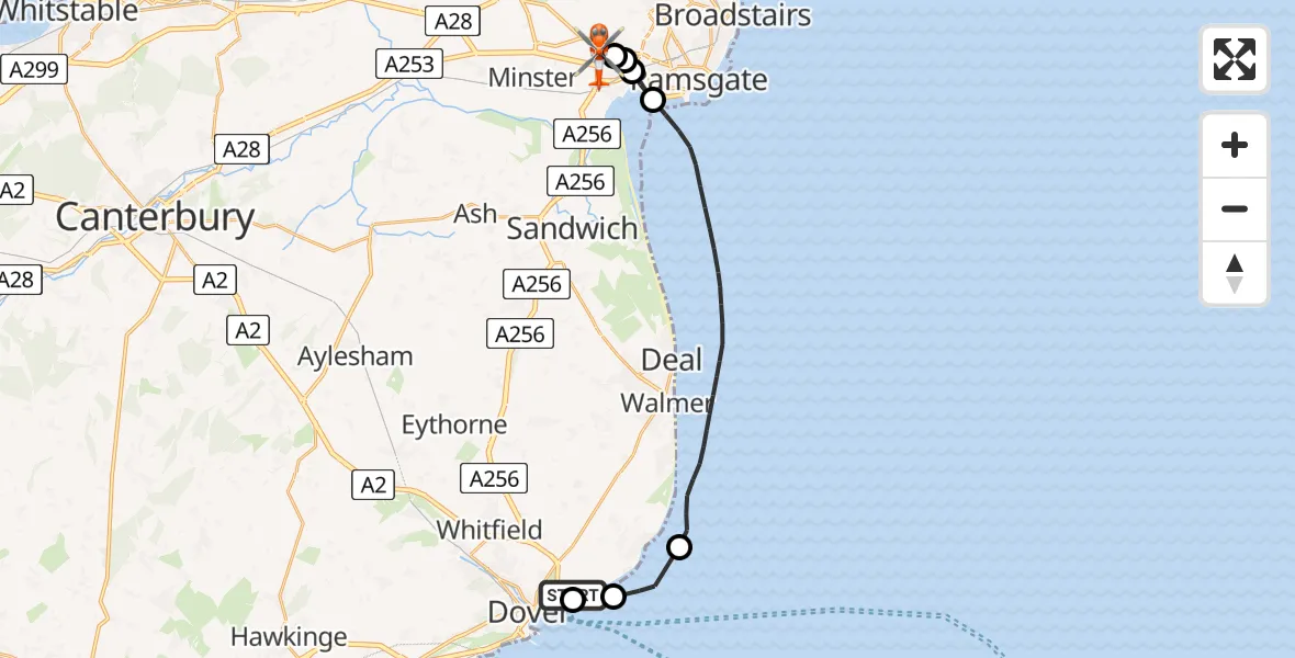 Flight path map showing Coastguard Helicopter route from Langdon Battery Heliport to Manston Airport