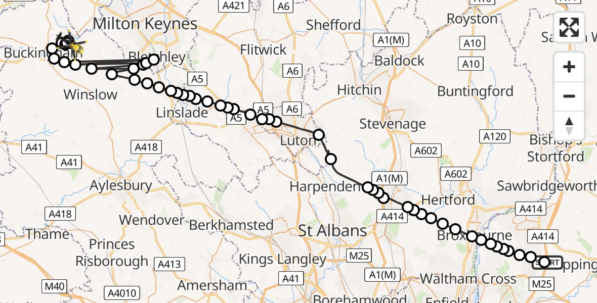 Flight path map showing Police Helicopter route from North Weald Airfield to Thornborough