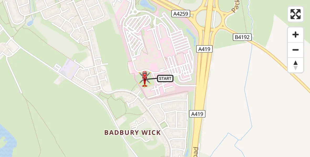 Flight path map showing Air Ambulance Helicopter route from Great Western Hospital to Great Western Hospital