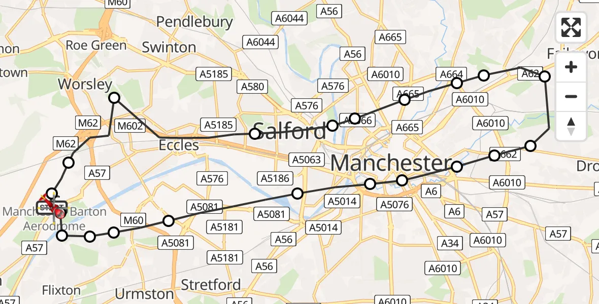 Flight path map showing Air Ambulance Helicopter route from Manchester Barton Aerodrome to Manchester Barton Aerodrome