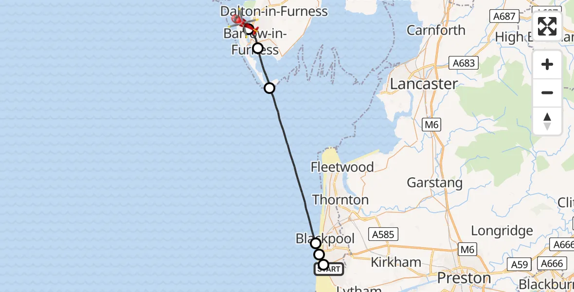 Flight path map showing Air Ambulance Helicopter route from Blackpool Airport to Barrow Walney Island Airport