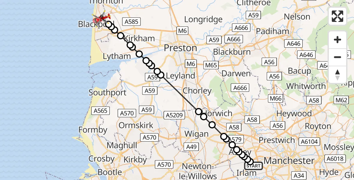 Flight route Air Ambulance Helicopter Manchester Barton Aerodrome - Blackpool, 15 April 2026, 09:53