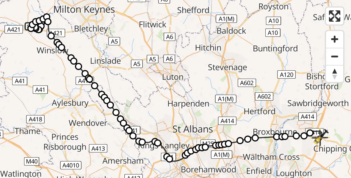 Flight path map showing Police Helicopter route from Buckingham to North Weald Bassett