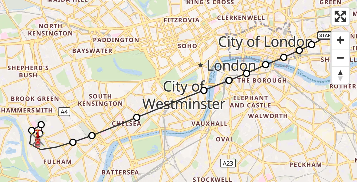 Flight path map showing Air Ambulance Helicopter route from Royal London Hospital to Hammersmith