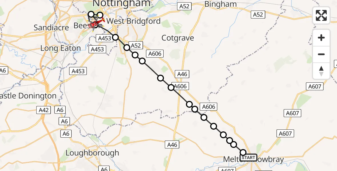 Flight path map showing Air Ambulance Helicopter route from Melton Mowbray to City of Nottingham