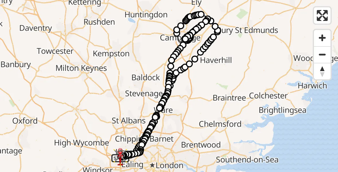 Flight path map showing Air Ambulance Helicopter route from RAF Northolt to RAF Northolt
