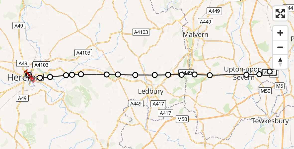 Flight path map showing Air Ambulance Helicopter route from Hill Croome to Hereford County Hospital