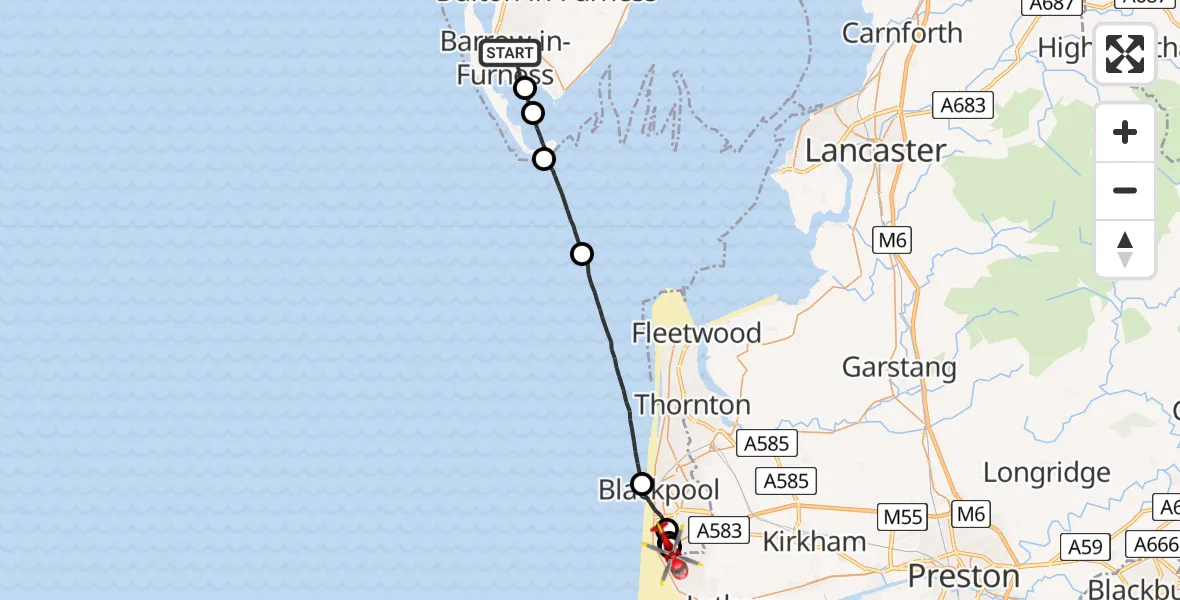 Flight path map showing Air Ambulance Helicopter route from Barrow-in-Furness to Blackpool Airport
