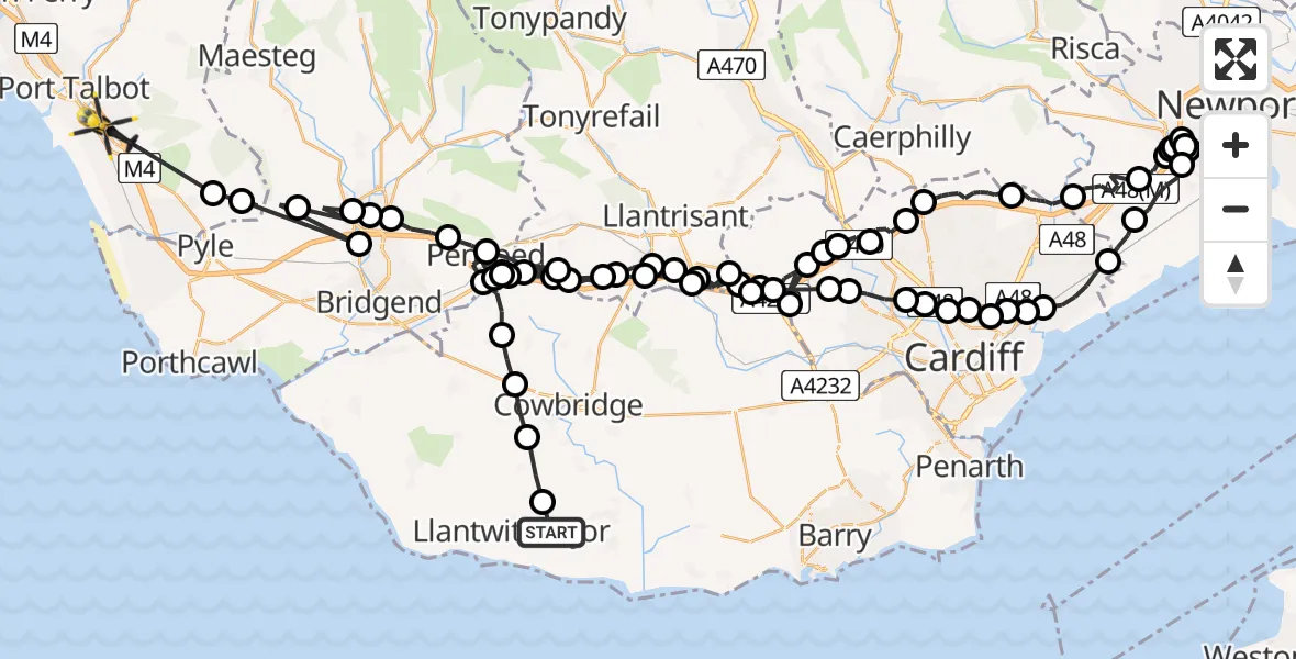 Flight path map showing Police Helicopter route from Boverton to Margam