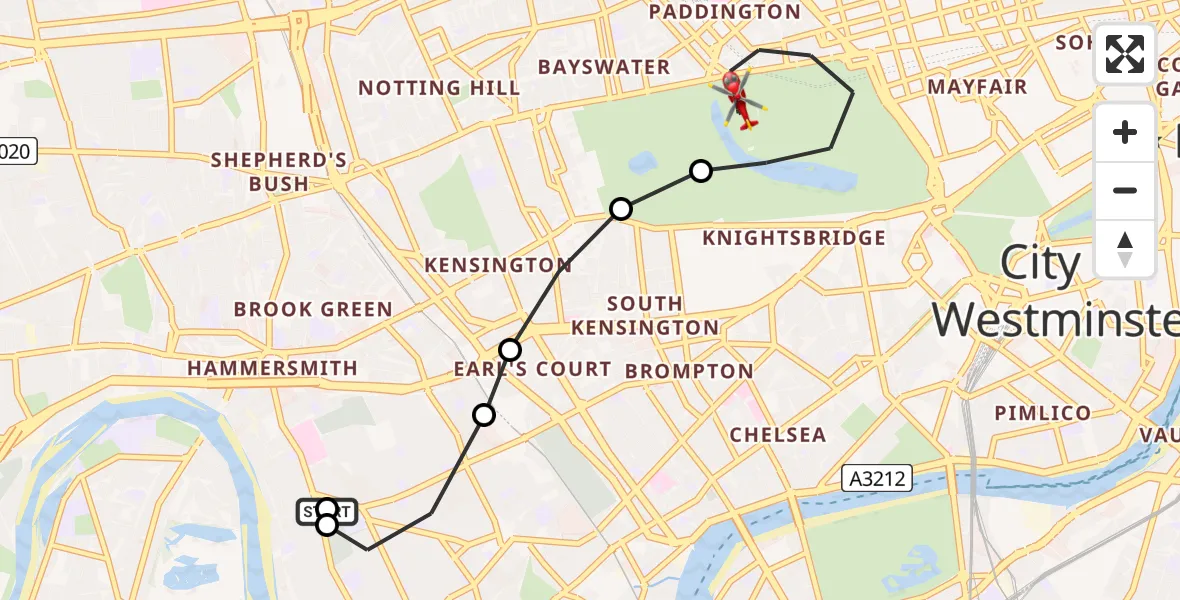 Flight path map showing Air Ambulance Helicopter route from Hammersmith to City of Westminster