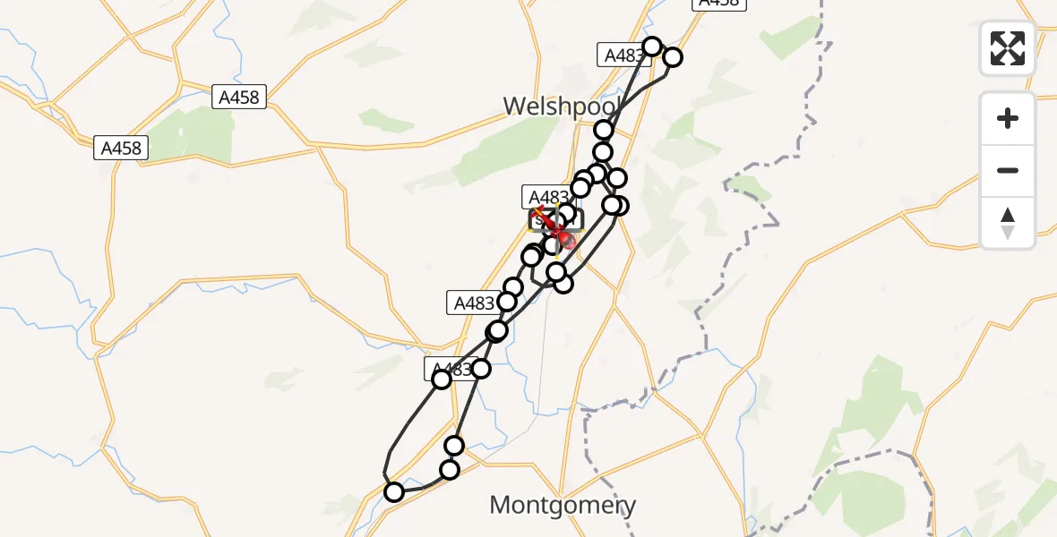 Flight path map showing Air Ambulance Helicopter route from Welshpool Airport to Welshpool Airport