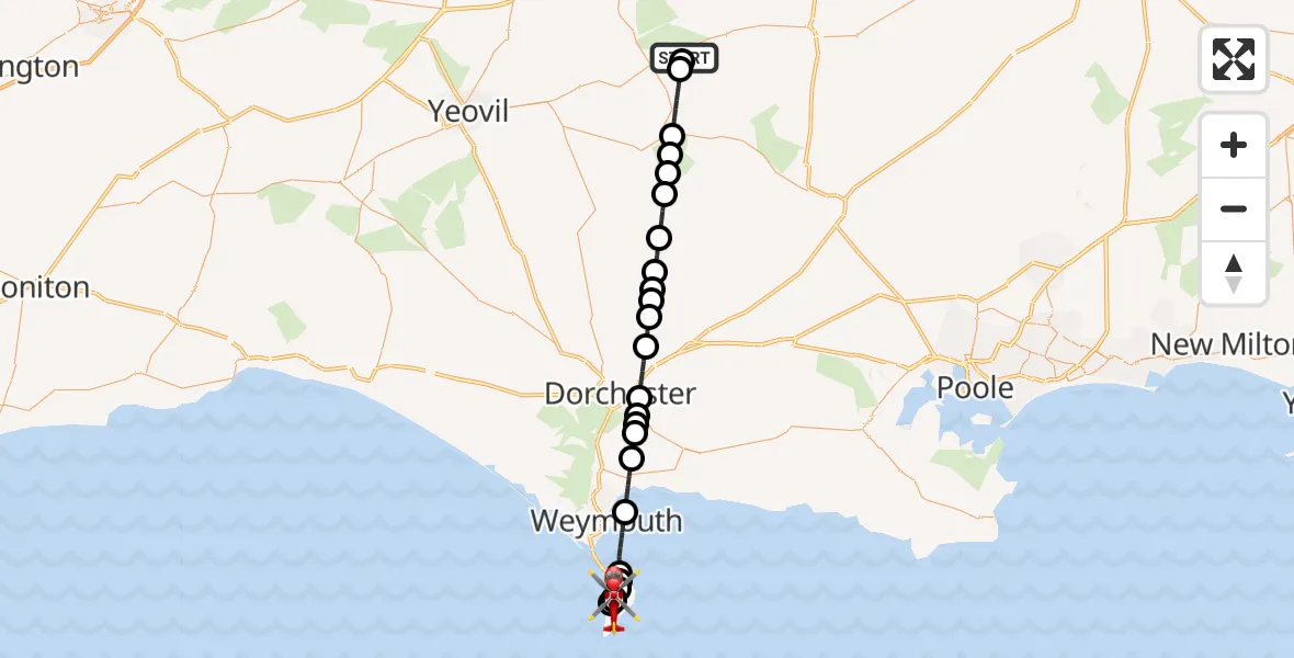 Flight path map showing Air Ambulance Helicopter route from Henstridge Airfield to Weston