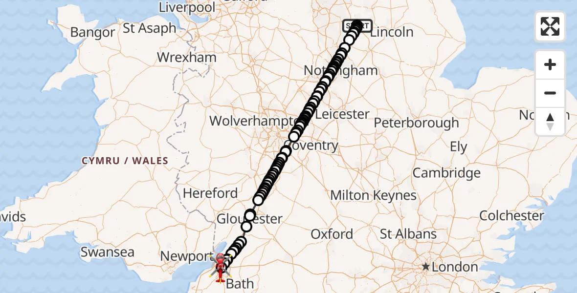 Flight path map showing Air Ambulance Helicopter route from Retford Gamston Airport to Bristol