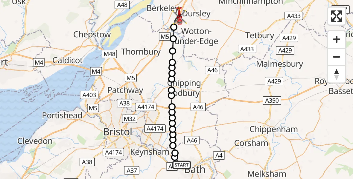Flight path map showing Air Ambulance Helicopter route from Bath to Stroud