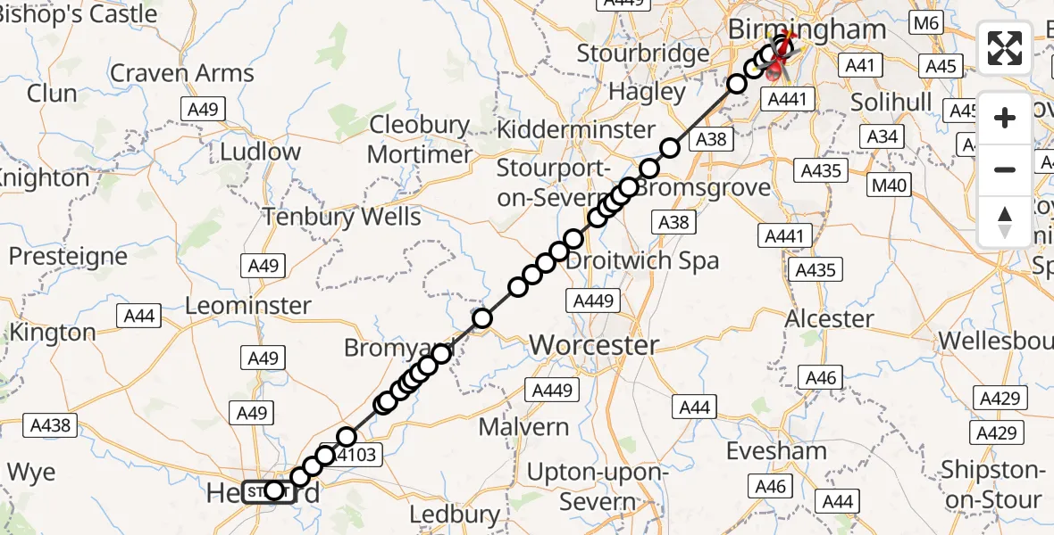 Flight path map showing Air Ambulance Helicopter route from Hereford County Hospital to Metchley
