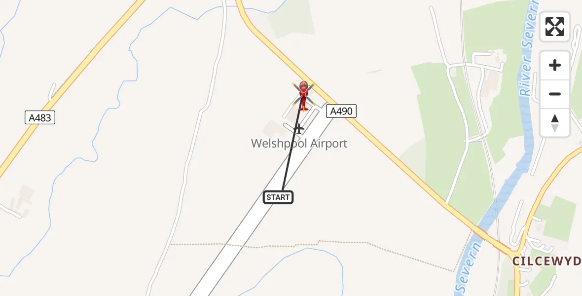 Flight path map showing Air Ambulance Helicopter route from Welshpool Airport to Welshpool Airport