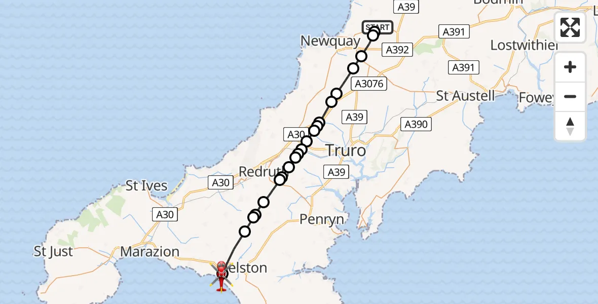 Flight path map showing Air Ambulance Helicopter route from Cornwall Airport Newquay to Porthleven