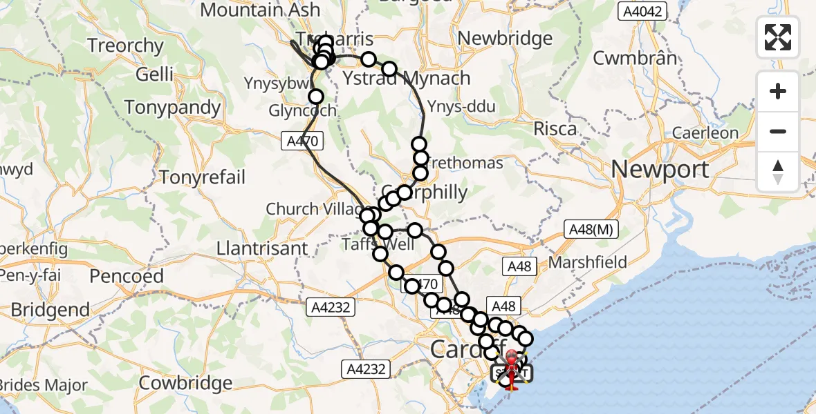 Flight path map showing Air Ambulance Helicopter route from Cardiff Heliport to Cardiff Heliport