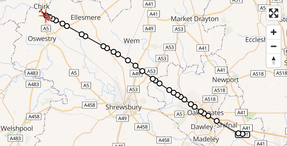 Flight path map showing Air Ambulance Helicopter route from RAF Cosford to Gobowen
