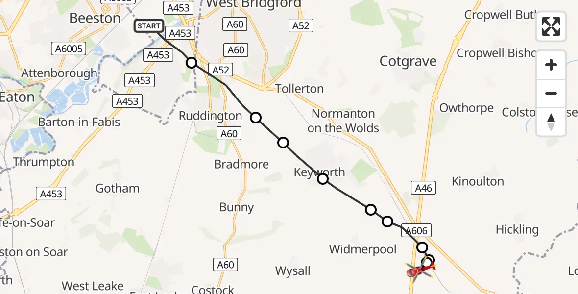 Flight path map showing Air Ambulance Helicopter route from City of Nottingham to Nottingham Heliport