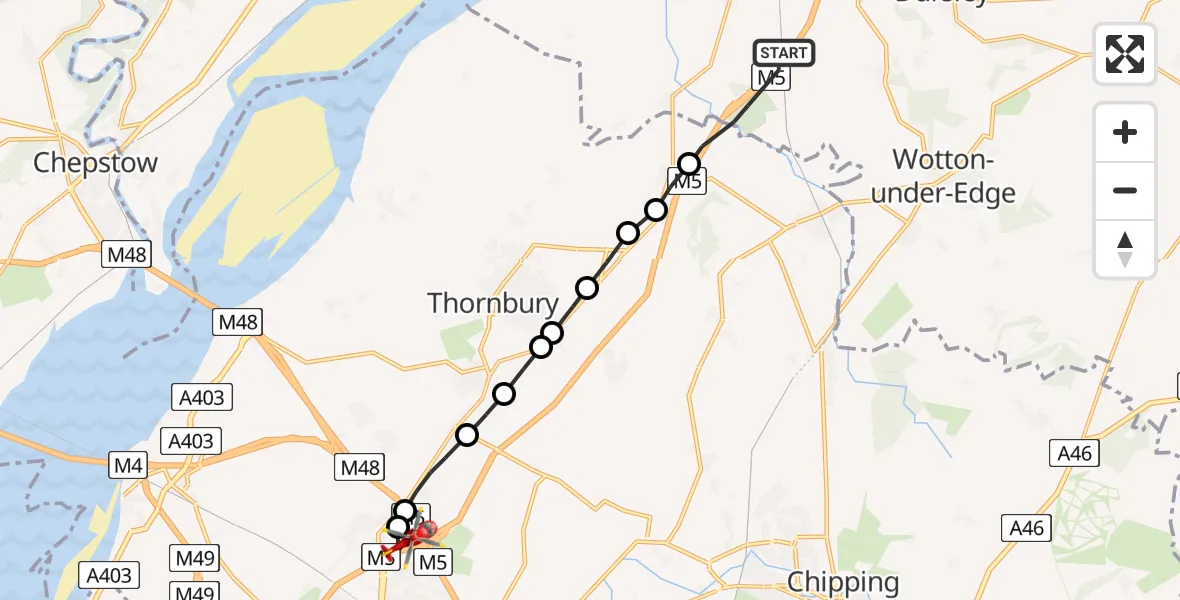 Flight path map showing Air Ambulance Helicopter route from Stroud to Almondsbury Helicopter Base