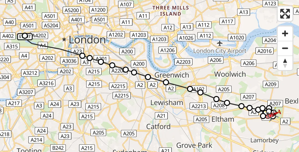 Flight path map showing Air Ambulance Helicopter route from City of Westminster to Blackfen