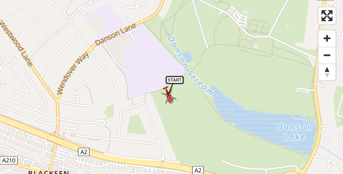 Flight path map showing Air Ambulance Helicopter route from Welling to Blackfen