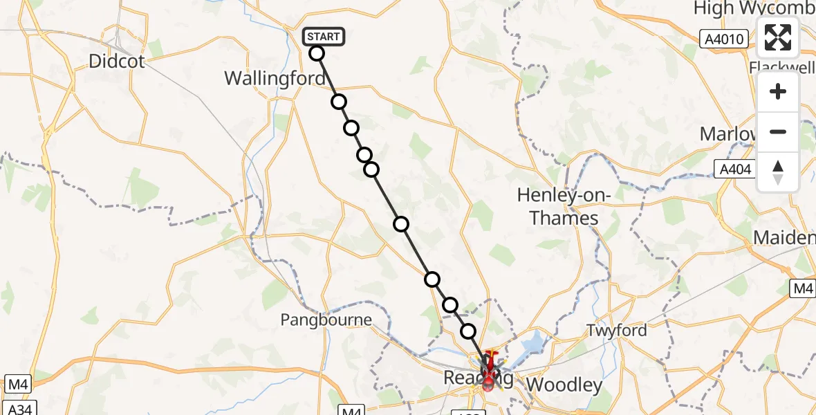 Flight path map showing Air Ambulance Helicopter route from RAF Benson to Reading