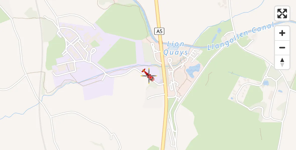 Flight path map showing Air Ambulance Helicopter route from Oswestry to Oswestry