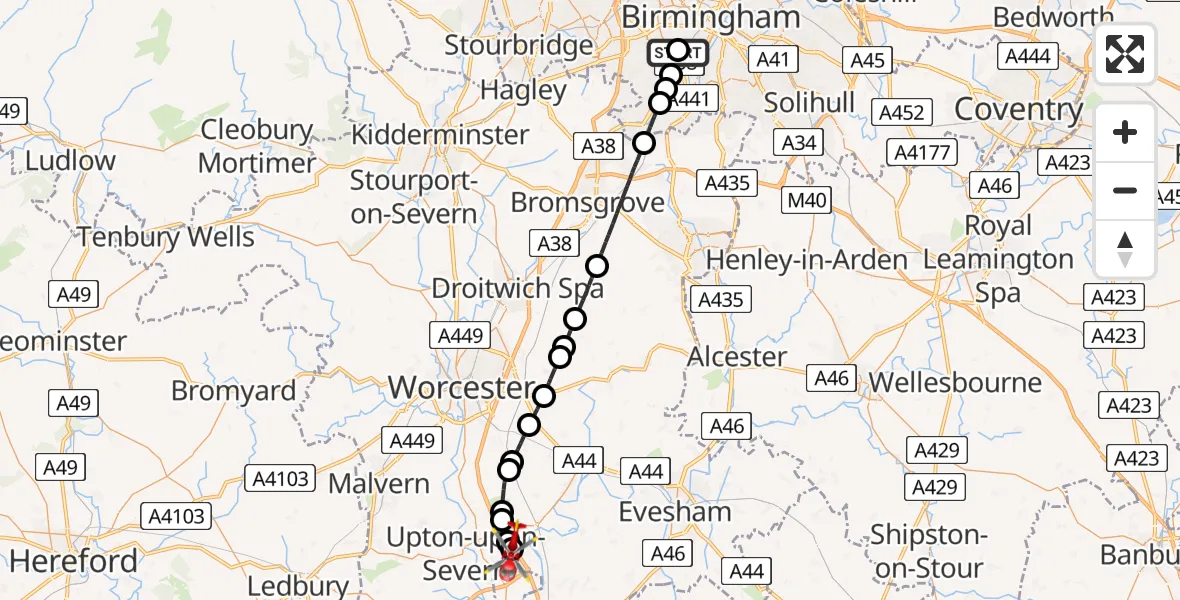 Flight path map showing Air Ambulance Helicopter route from Queen Elizabeth Hospital Helipad to Upper Strensham