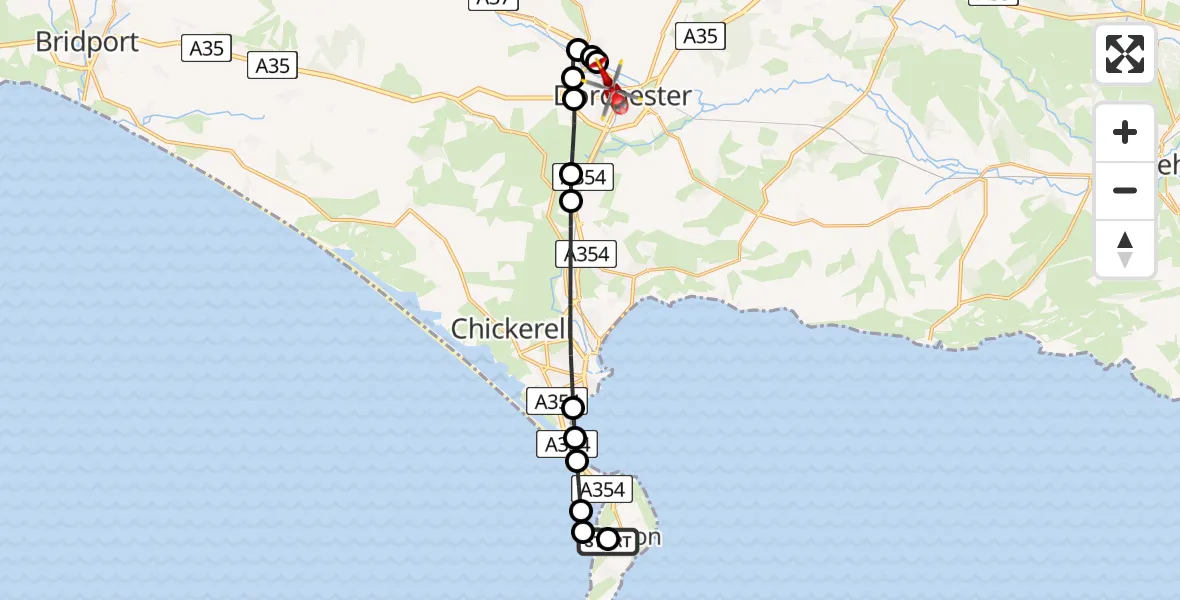 Flight path map showing Air Ambulance Helicopter route from Easton to Dorchester