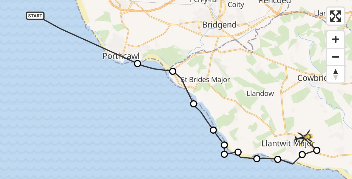 Flight path map showing Police Helicopter route from Bristol Channel to Boverton