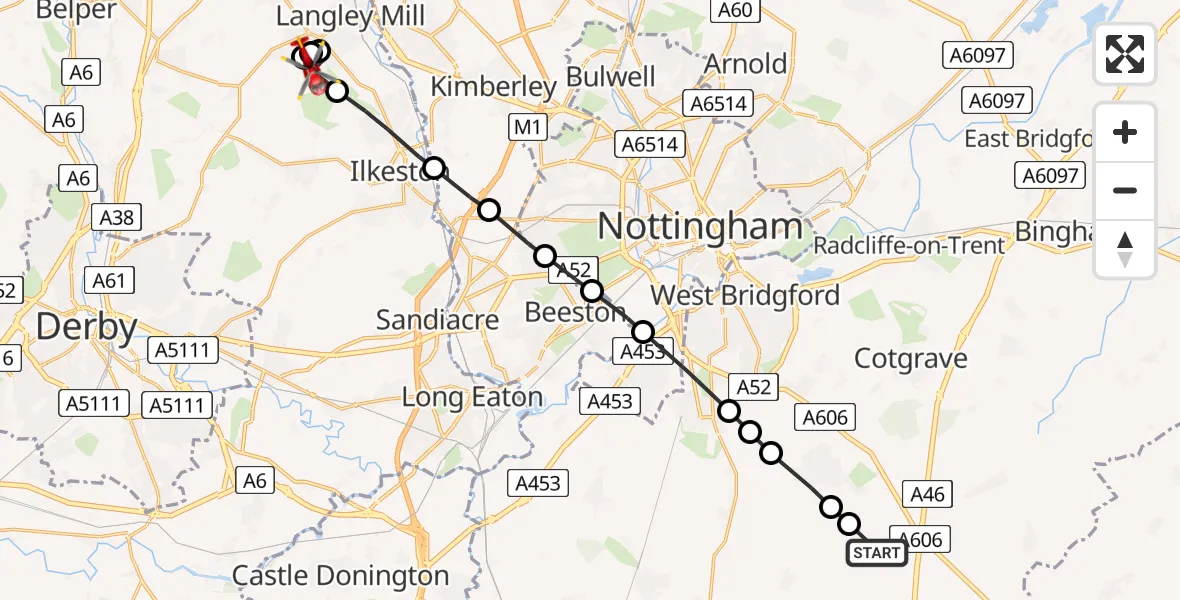 Flight path map showing Air Ambulance Helicopter route from Widmerpool to Marlpool