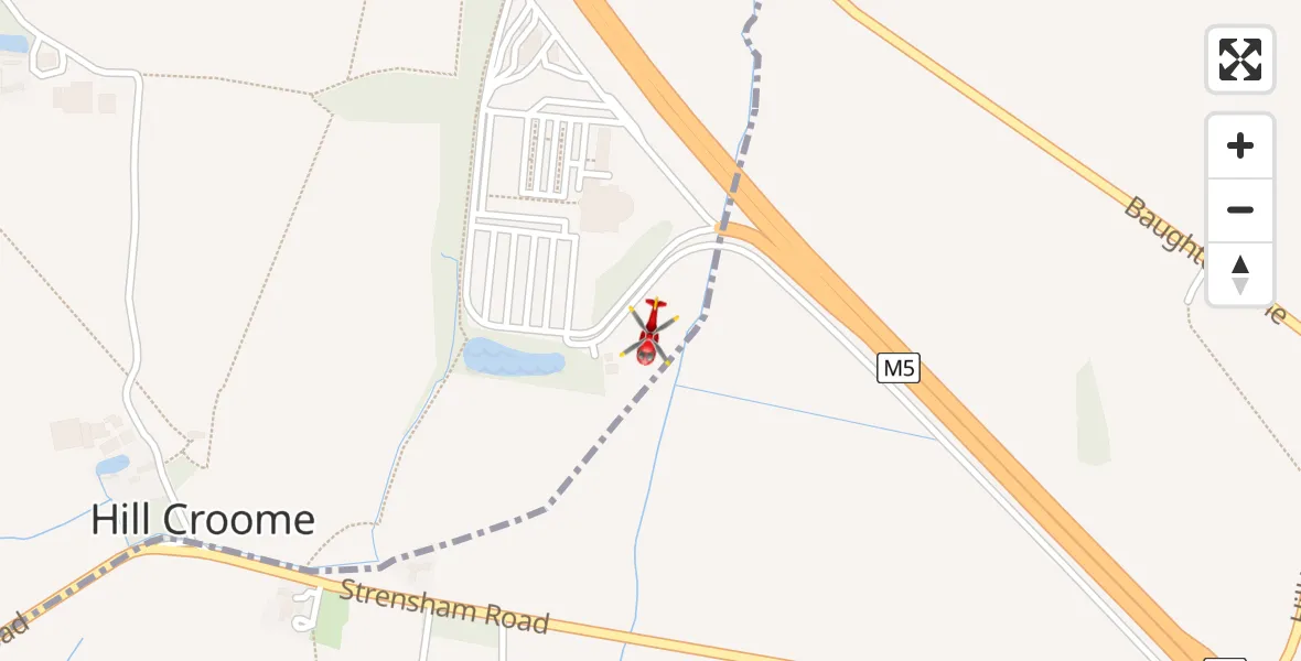 Flight path map showing Air Ambulance Helicopter route from Hill Croome to Hill Croome