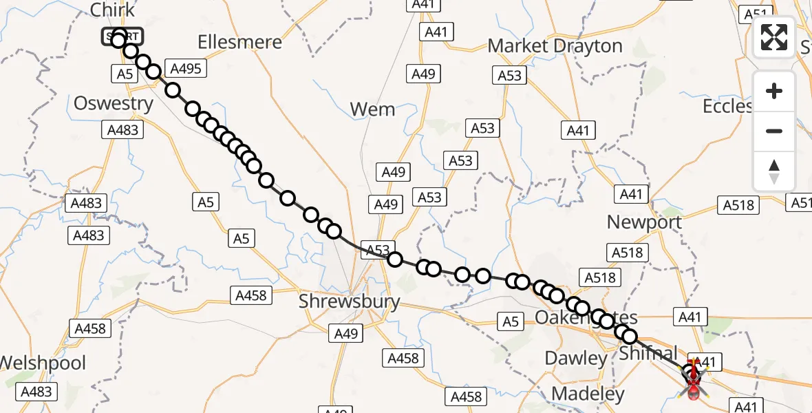 Flight path map showing Air Ambulance Helicopter route from Oswestry to Cosford