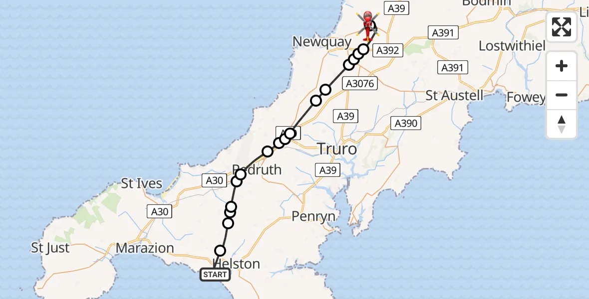 Routekaart van de vlucht: Air Ambulance Helicopter to Cornwall Airport Newquay