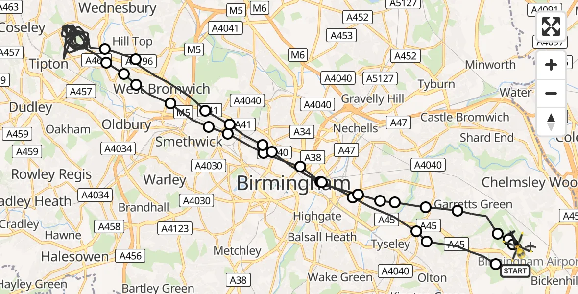 Flight path map showing Police Helicopter route from Birmingham Airport to Birmingham Airport