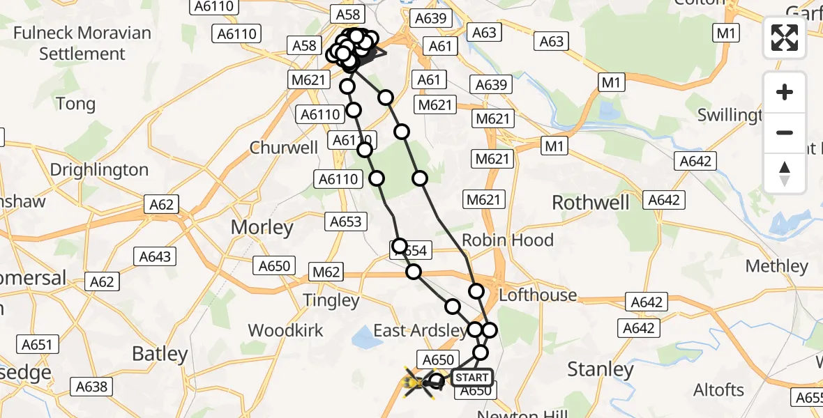 Flight path map showing Police Helicopter route from Newton Hill to East Ardsley