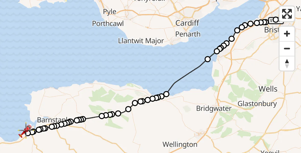 Flight path map showing Air Ambulance Helicopter route from Southmead Hospital to Abbotsham