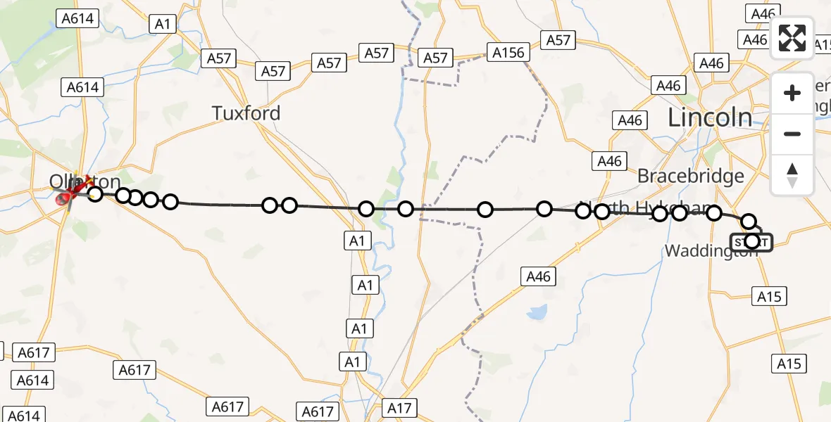 Flight path map showing Air Ambulance Helicopter route from RAF Waddington to Ollerton