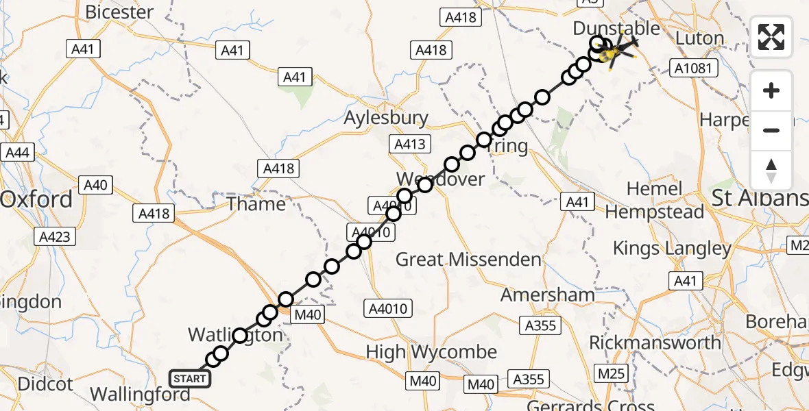 Flight path map showing Police Helicopter route from Ewelme to Dunstable