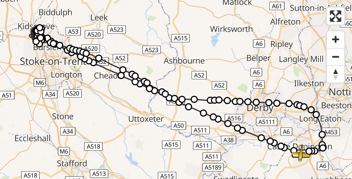 Flight path map showing Police Aircraft route from East Midlands Airport to East Midlands Airport
