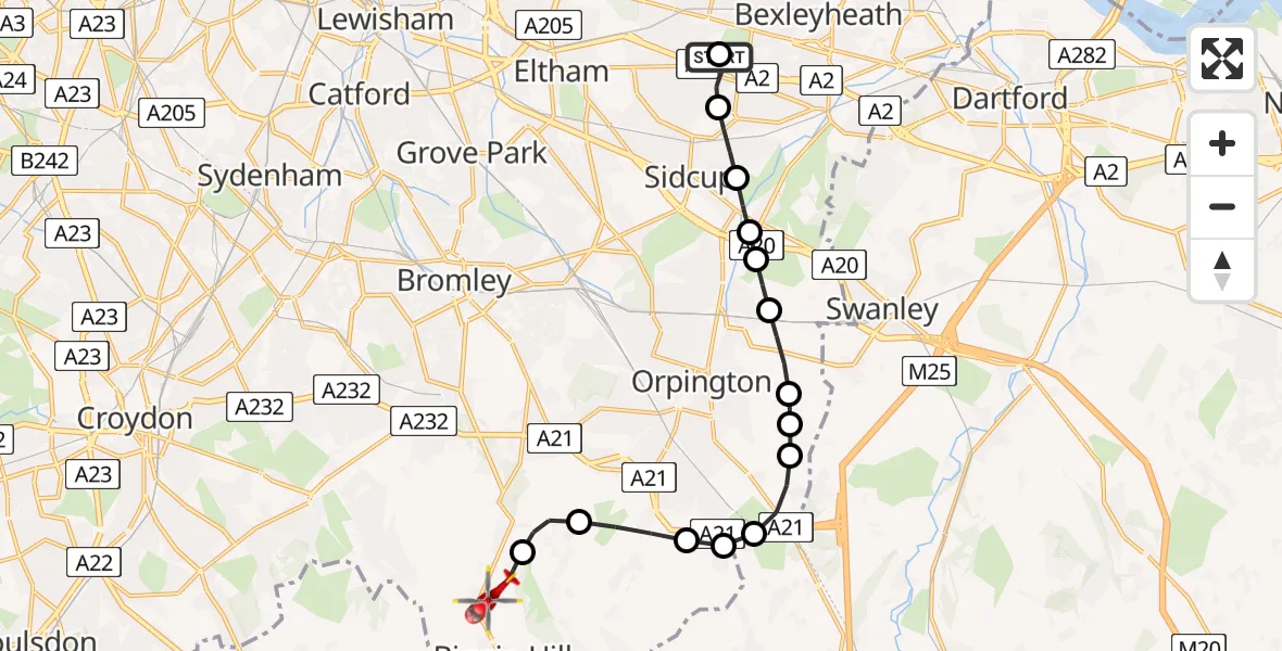 Flight path map showing Air Ambulance Helicopter route from Welling to London Biggin Hill Airport